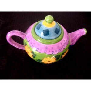 VTG Milson & Louis Hand Painted Ceramic Teapot Floral Design Green/Lavender/Blue